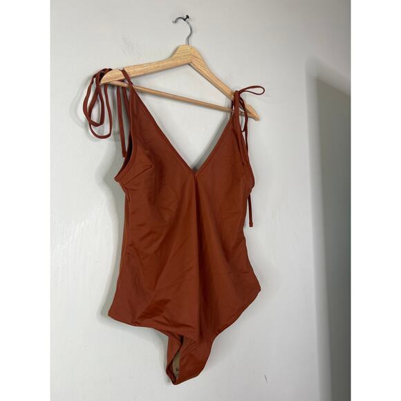 NEW Belle The Label Deep V Neck One-Piece Pull On Tie Strap  Swimsuit Brown XL - Picture 3 of 8
